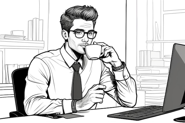 Businessman male office worker sitting at his workplace holding and drinking hot coffee thinking and