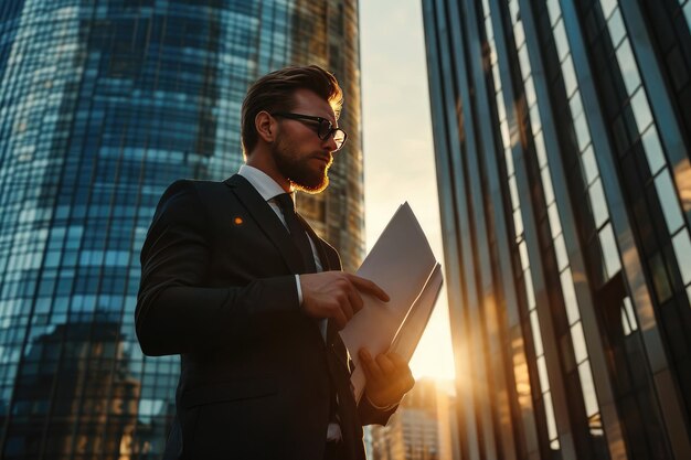 A businessman man with documents on the background of office buildings