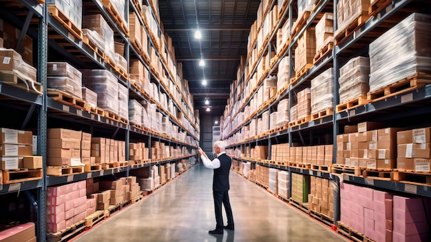 Businessman manager monitoring workers in a modern trade warehouse setting