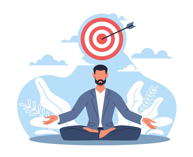 businessman meditates concentrates on accomplishing task or goal man sitting in lotus position thought process manager keeping calm cartoon flat style isolated target vector concept