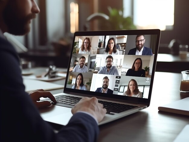 Photo businessman in meeting through laptop