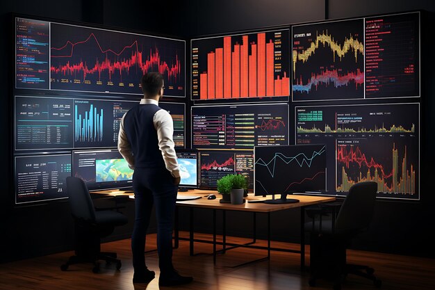 Бизнесмен в современном офисном интерьере смотрит на диаграммы фондового рынка Смешанные средства массовой информации