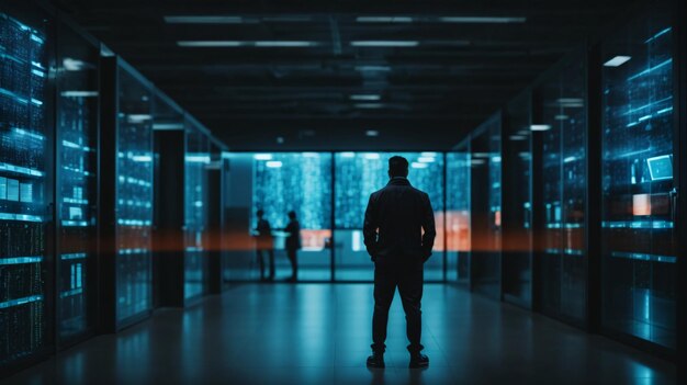 Businessman in modern server room interior with glowing lights