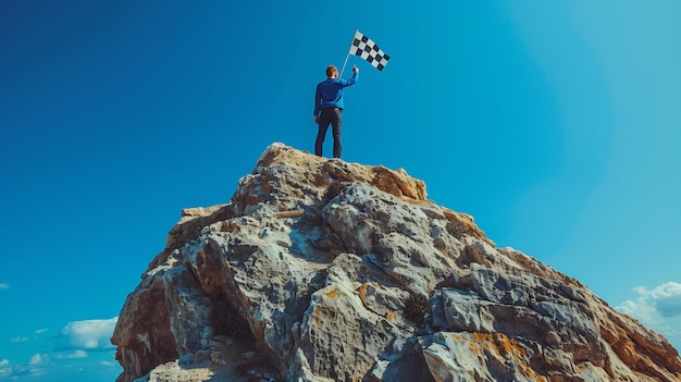 Photo businessman on mountain top with checkered flag