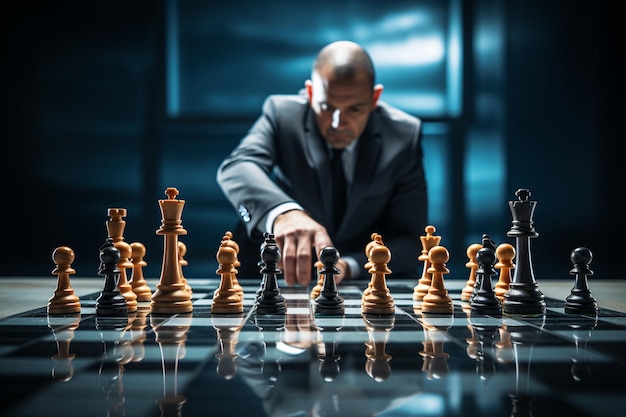 Businessman moving chess piece on chess board game strategy