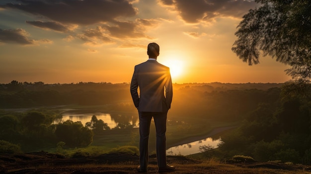 Businessman in nature at sunrise representing success and new opportunities