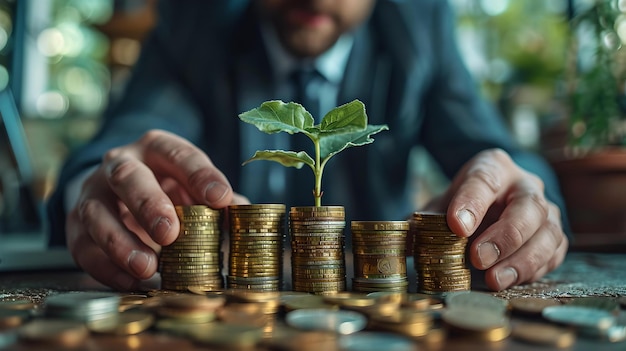 Businessman nurtures growth amidst coins symbolizing investment and finance management concept of economic growth and personal wealth accumulation AI