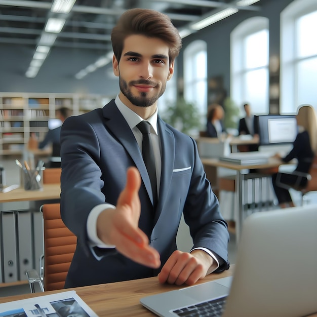 Businessman offering hand for handshake at office