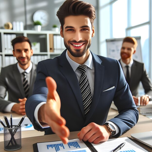 Businessman offering hand for handshake at office