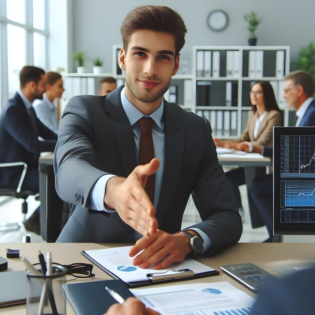 Businessman offering hand for handshake at office