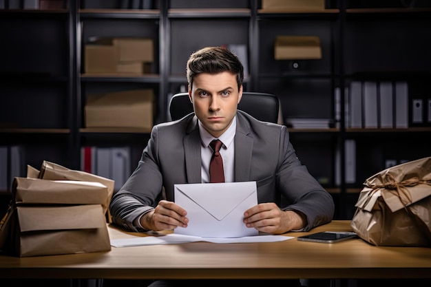 Businessman at office desk receiving padded envelope