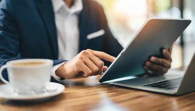 Photo businessman in office focused and professional uses digital tablet on desk finger tapping screen