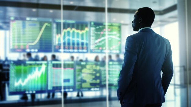 Photo a businessman in the office watches the market reaction on monitors in the exchange hall realtime