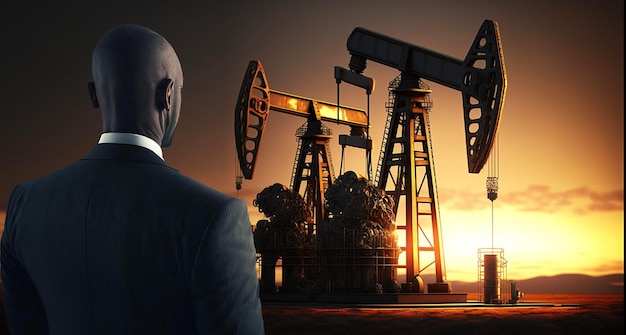 Businessman on Oil Pumps at Sunset