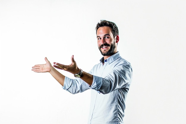 businessman open hands posing on white isolated background