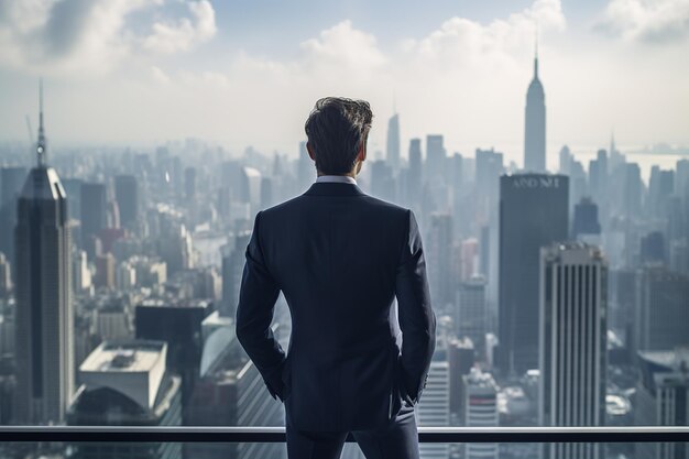 Businessman Overlooking Bustling City Skyline from HighRise