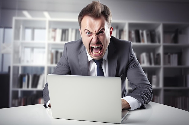 Businessman in panic looking in his laptop