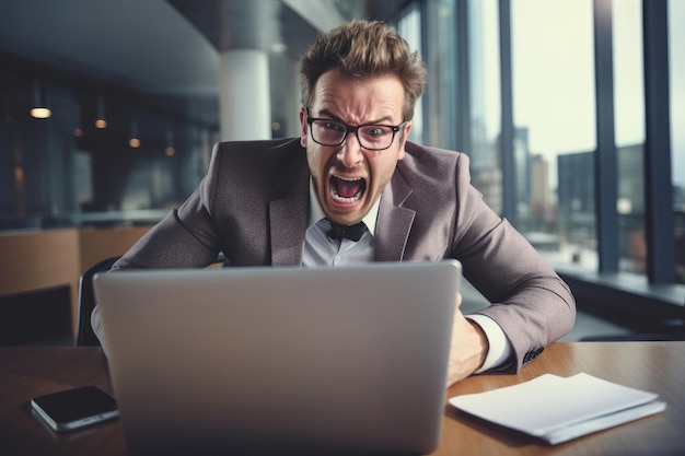 Бизнесмен в панике сидит в своем офисе с ноутбуком