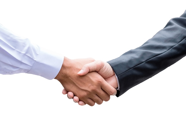 Businessman partnership handshake after completion of agreement on white background