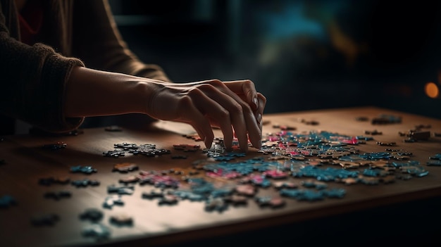 Photo businessman placing wooden puzzle pieces on tablegenerative ai