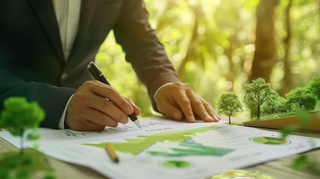 businessman planning on environmental protection initiative for clean and sustainable future ecology esg environmental social governance display on paper chart on ecofriendly company