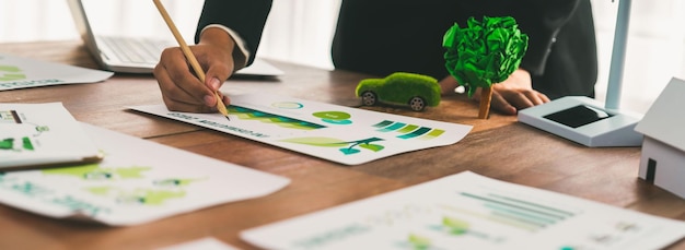 Businessman planning for green business strategy in office with paper documents focused on ecofriendly and energy sustainable policy to reduce CO2 emission for green environment Trailblazing