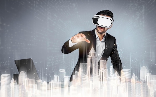 Photo businessman planning to invest in real estate while using vr glasses deviation