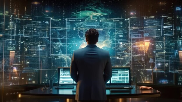 businessman playing about ai machine learning on virtual screen with big data computer code