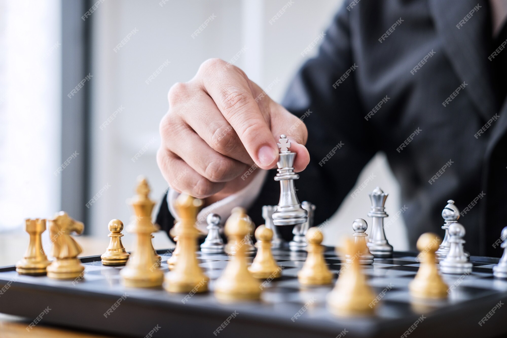 Man playing chess. Play with God or with yourself. Concept - strategy  goals, efforts, plans. Stock Photo