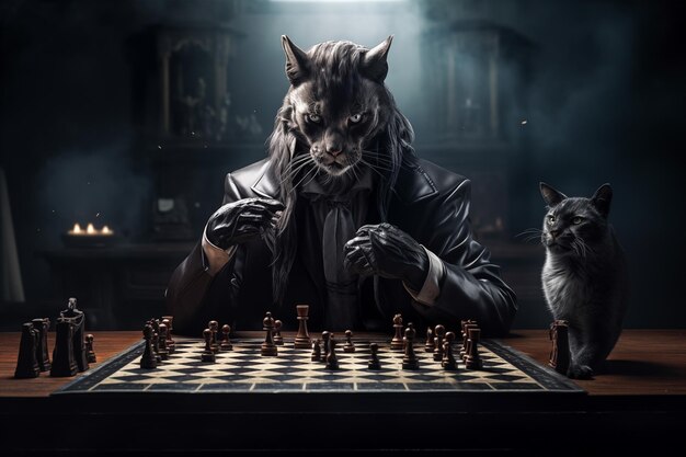 businessman playing chess with a cat