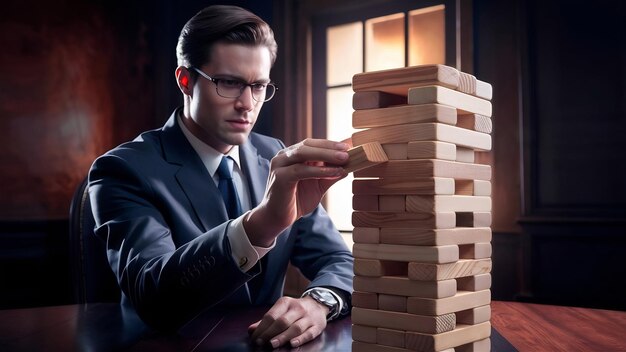 Businessman playing jenga