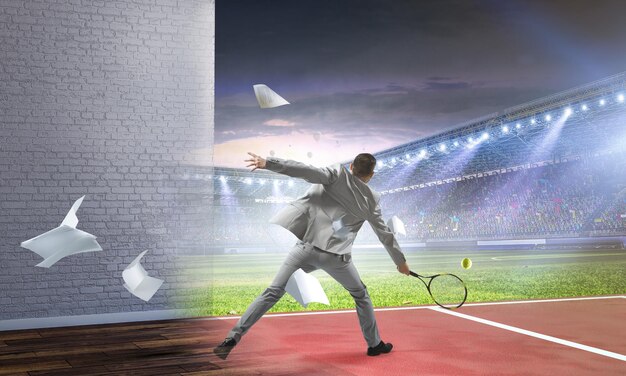 Businessman playing tennis. Mixed media