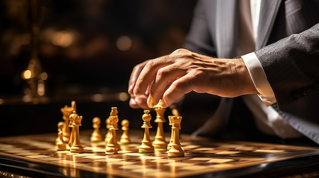 businessman plays chess hand closed up business strategy for success concept generative AI