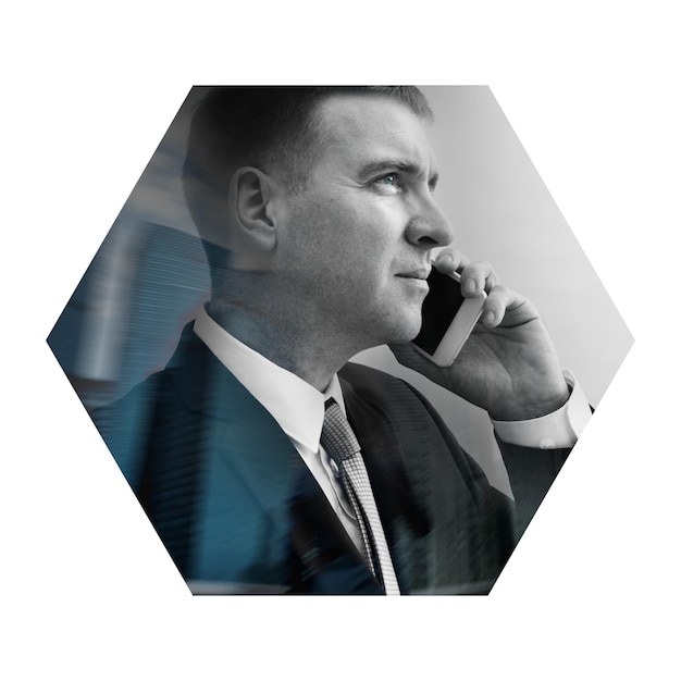 businessman png talking on phone badge sticker connection photo in hexagon shape transparent background