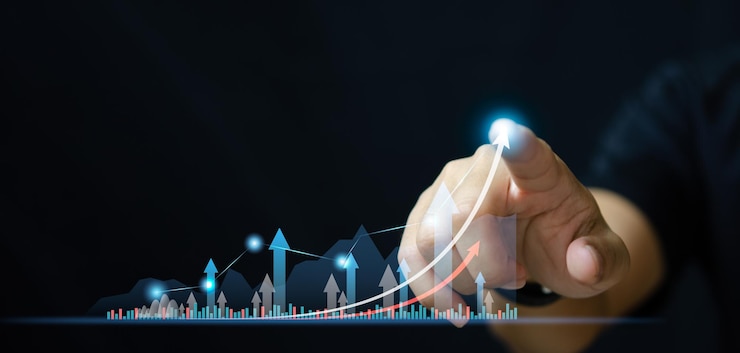 Businessman point increase arrow graph corporate future growth Planning goal target challenge and business strategy finance investment development concept