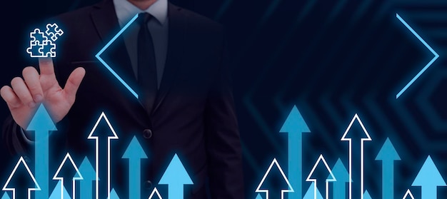 Businessman pointing on digital in a futuristic design with\
arrows going up man pressing on touch screen and presenting\
important information in a meeting