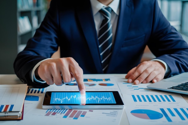 Businessman pointing at digital graph surrounded by charts and documents in office