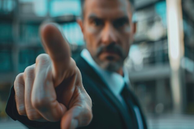 Businessman pointing finger at camera pressing virtual button