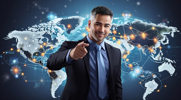 Businessman pointing to global communication on touchscreen