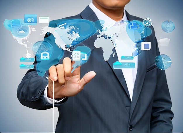 Businessman pointing to global communication on touchscreen