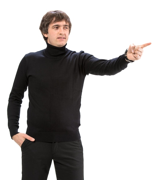 Businessman pointing his finger against white background