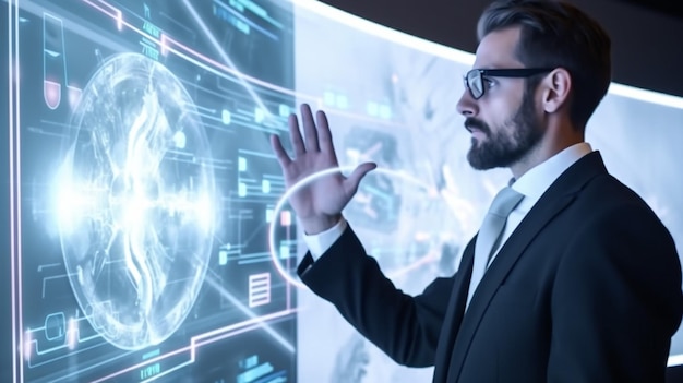 A businessman pointing at his presentation on the futuristic digital screen in front of face