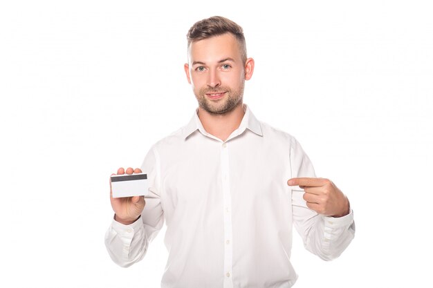 businessman pointing with finger at credit card isolated on white