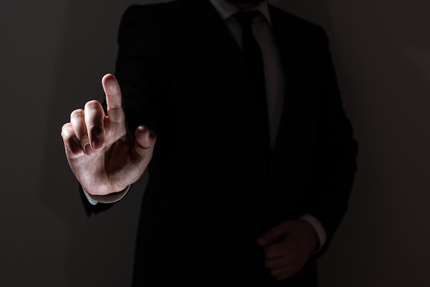 Businessman Pointing With One Finger On Important Messages Executive In Suit Presenting Crutial Informations Gentleman Showing Critical Announcement