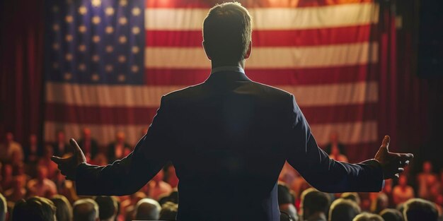 Businessman or politician making speech from behind the pulpit with USA flag on background