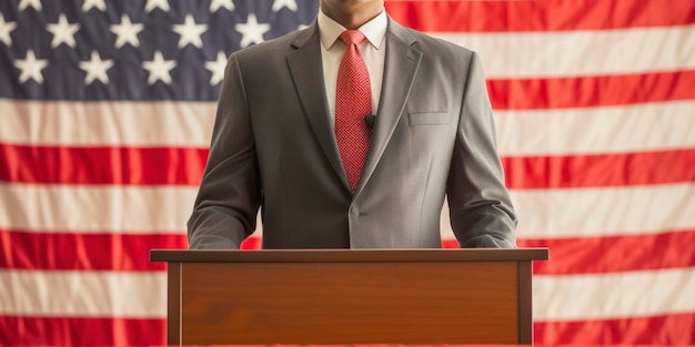 Foto imprenditore o politico che pronuncia un discorso da dietro il pulpito con la bandiera degli stati uniti sullo sfondo