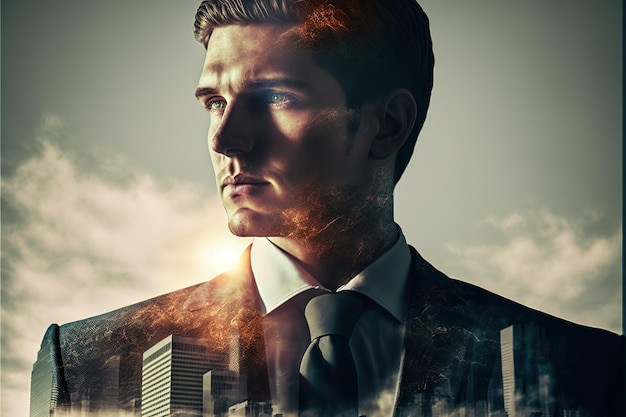 Businessman portrait double exposure with city background