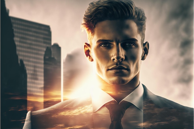Businessman portrait double exposure with city background