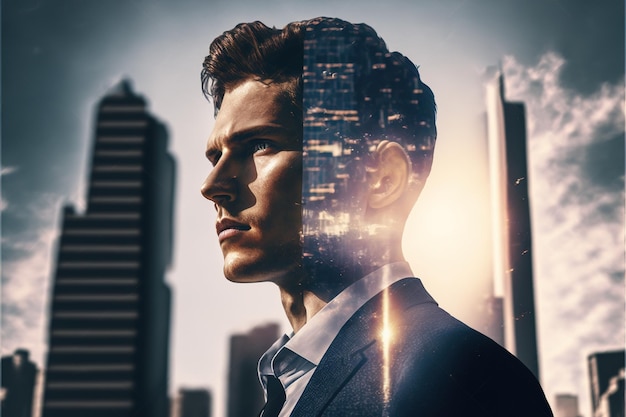 Businessman portrait double exposure with city background