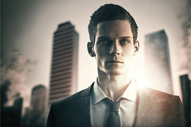 Businessman portrait double exposure with city background